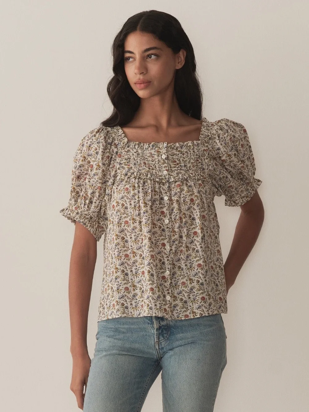 Doen Farley Cotton Ruffle Pintuck Button Puff Short Sleeve Top Jardin Du Chateau - Picture 5 of 7